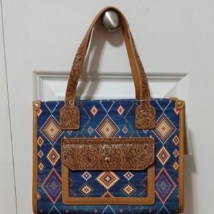 NWT!!! Elegant Blue and Brown Geometric Tote Bag